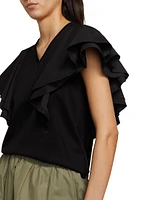 Cotton Ruffled V-Neck T-Shirt