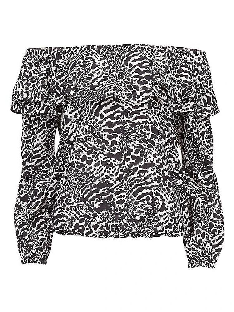 Animal-Print Crepe Off-The-Shoulder Peasant Top