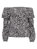 Animal-Print Crepe Off-The-Shoulder Peasant Top