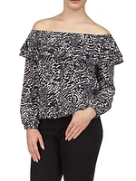 Animal-Print Crepe Off-The-Shoulder Peasant Top