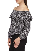 Animal-Print Crepe Off-The-Shoulder Peasant Top