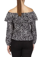 Animal-Print Crepe Off-The-Shoulder Peasant Top