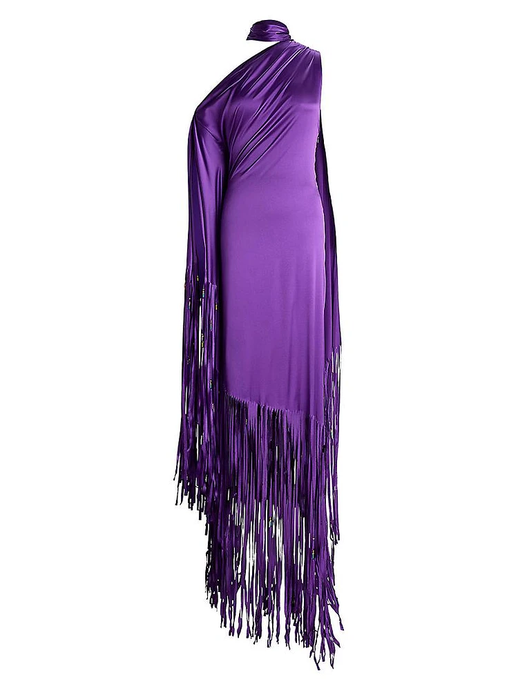 Marlee Fringed Silk Halterneck Dress