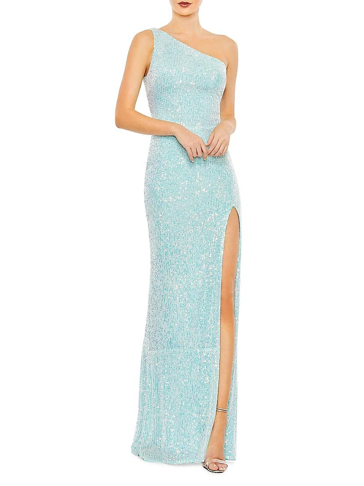 Draped Sequined One-Shoulder Gown