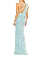 Draped Sequined One-Shoulder Gown