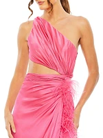 Asymmetric Feathered Ruched Satin Gown