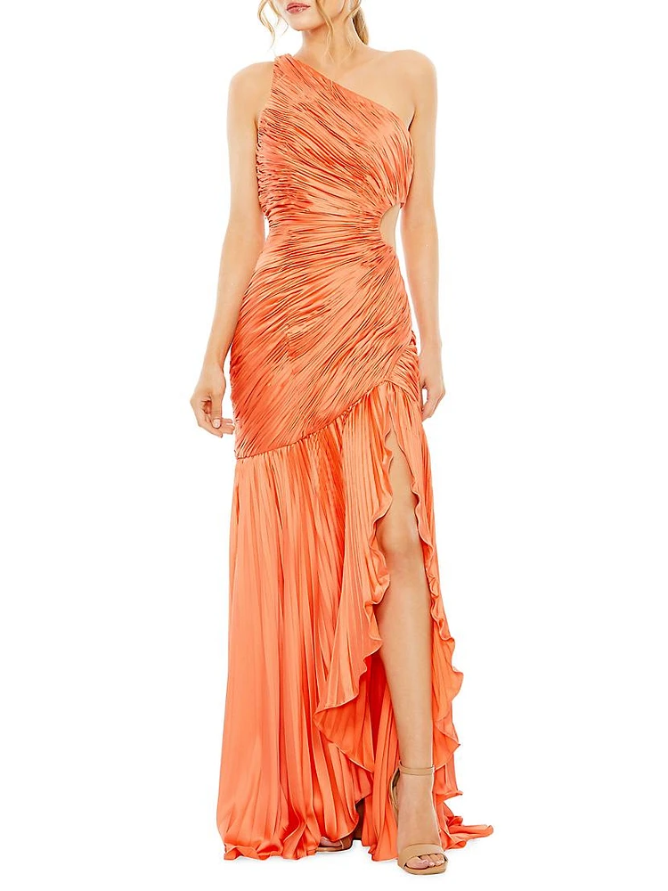 Asymmetric Pleated Satin Gown