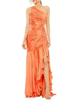 Asymmetric Pleated Satin Gown