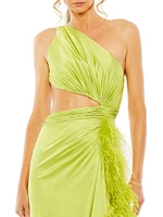 Embellished Satin One-Shoulder Cut-Out Gown