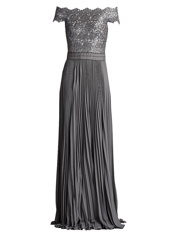 Sequin Corded Lace Pleated Chiffon Gown