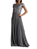 Sequin Corded Lace Pleated Chiffon Gown