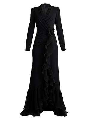 Ruffle-Trimmed Crepe Gown