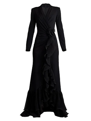 Ruffle-Trimmed Crepe Gown