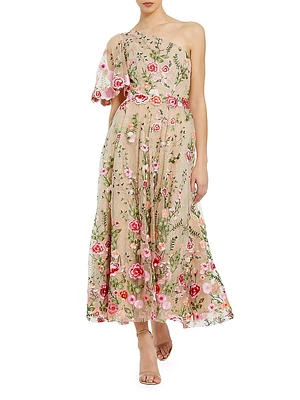 Floral Embroidered One-Shoulder Midi-Dress