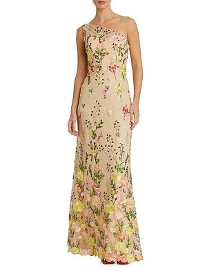 One-Shoulder Floral Embroidered Gown