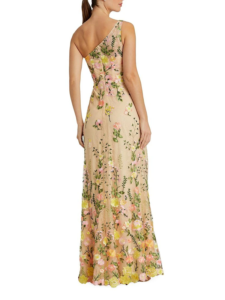 One-Shoulder Floral Embroidered Gown