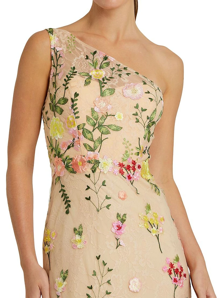 One-Shoulder Floral Embroidered Gown