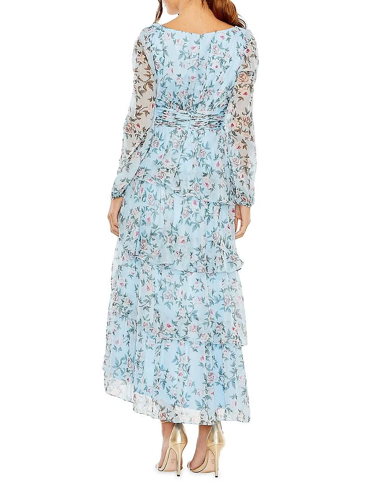 Floral Chiffon Tiered Midi-Dress