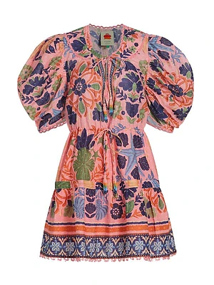 Seashell Tapestry Puff-Sleeve Minidress