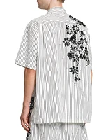 Pinstriped & Sequin-Embellished Floral Cotton Button-Front Shirt