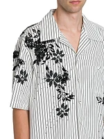 Pinstriped & Sequin-Embellished Floral Cotton Button-Front Shirt