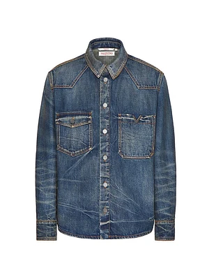 Denim Shirt With Metallic V Detail