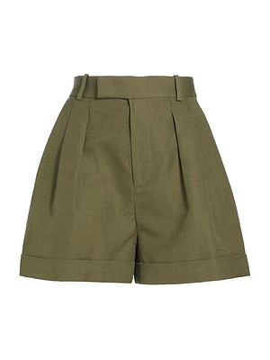 Pleated Cotton-Linen Shorts