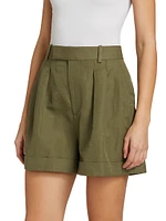 Pleated Cotton-Linen Shorts