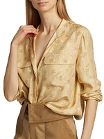 Silk Jacquard Button-Front Blouse