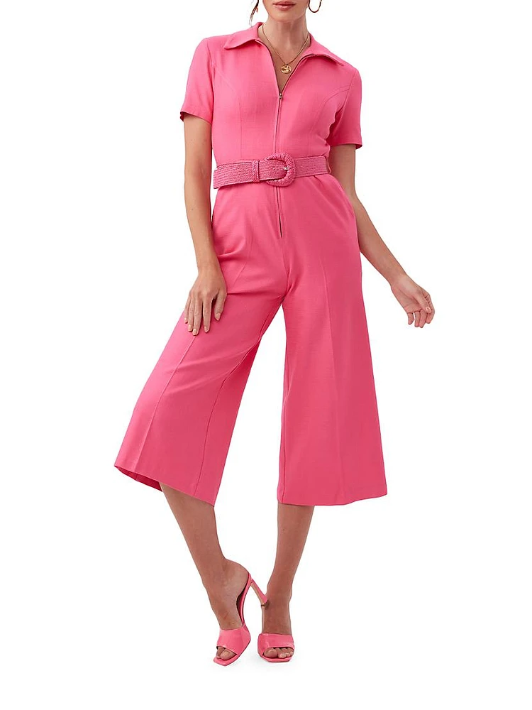 Jannise Belted Stretch Wide-Leg Crop Jumpsuit