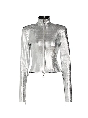 Multi-Zip Metallic Leather Jacket