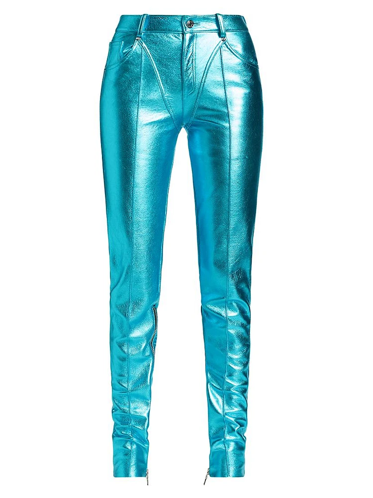 Zipper-Detailed Metallic Leather Tapered Pants