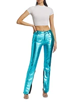 Zipper-Detailed Metallic Leather Tapered Pants