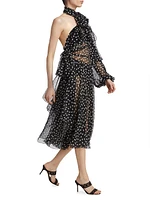 Sheer Polka Dot Chiffon Silk One-Shoulder Midi Dress