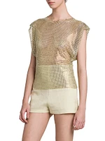 Rhinestone Mesh Cap-Sleeve Top