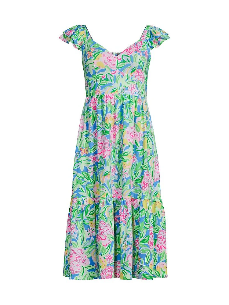 Bayleigh Floral Flutter-Sleeve Midi-Dress