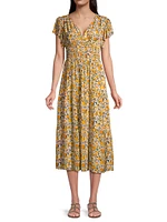 Kendall Floral Flutter-Sleeve Midi-Dress