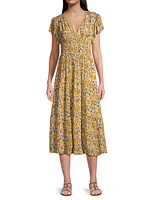 Kendall Floral Flutter-Sleeve Midi-Dress