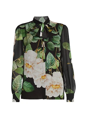 Tieneck Floral Silk Blouse