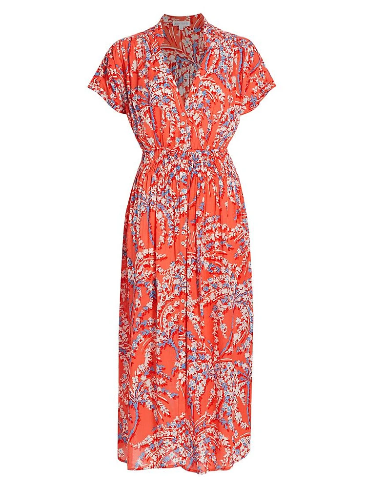 Elasticized Floral Midi-Dress