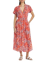 Elasticized Floral Midi-Dress