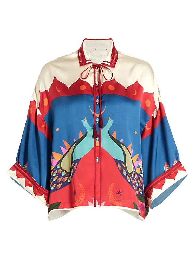 Peacock-Print Satin Shirt