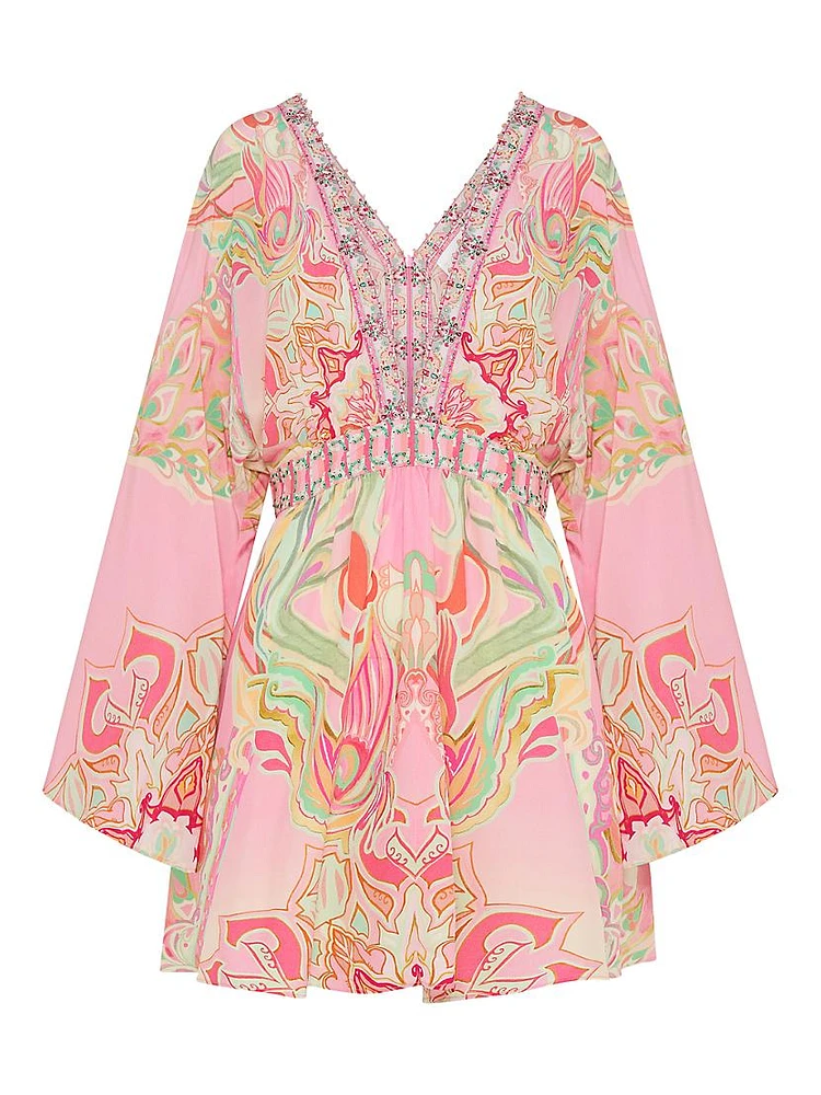 Printed Silk Kimono-Inspired Minidress