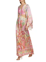 Abstract Silk Cut-Out Knotted Maxi Dress