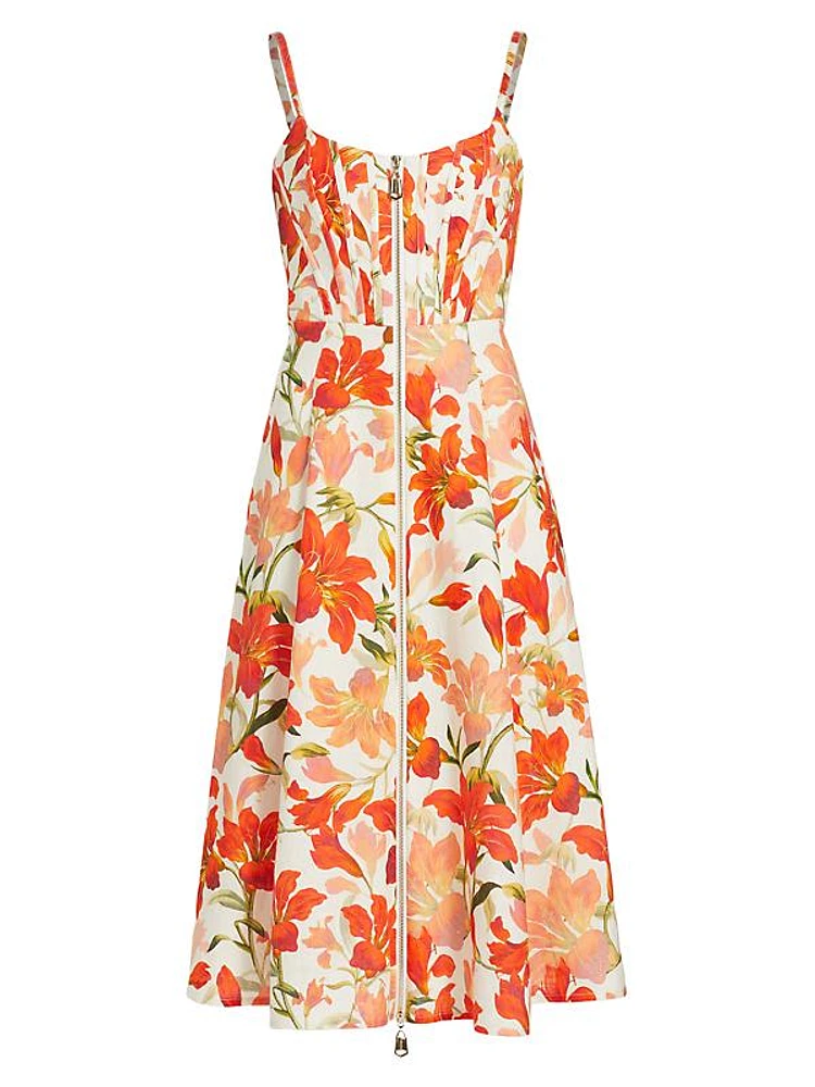 Tranquility Linen Floral Front-Zip Midi-Dress