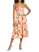 Tranquility Linen Floral Front-Zip Midi-Dress