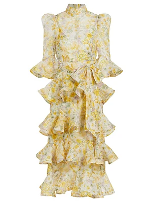 Harmony Linen-Silk Floral Tiered Midi-Dress