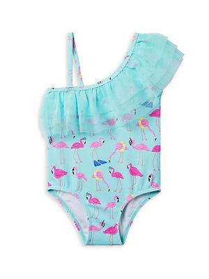 Little Girl's & Flamingo Ruffle-Trim One-Shoulder Swimsuit