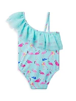 Little Girl's & Girl's Flamingo Ruffle-Trim One-Shoulder Swimsuit