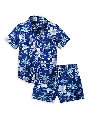 Little Boy's & Boy's Island Hibiscus Button-Down Shirt & Swim Trunks Set